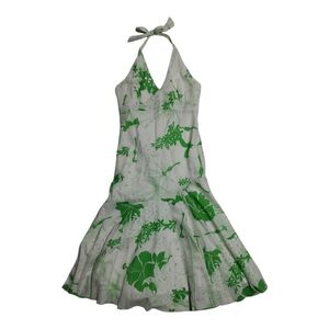 Roxy White Green Tropical Floral Cotton Halter Dress Small Drop Waist Flouncey
